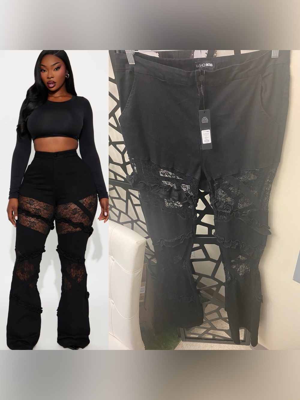 Fashion Nova Black Lace Ruffle Flare Pants